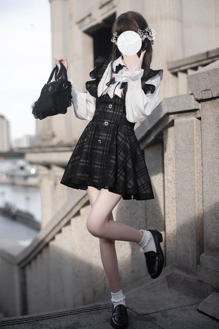 Black Plaid Print Classic College Style Elegant Lolita Strap Short Dress