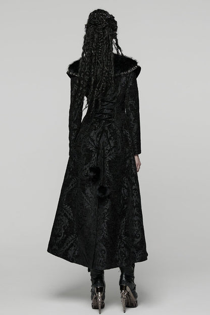 Black Lapel Collar Long Sleeves Floral Printed Plush Spliced Women's Gothic Coat