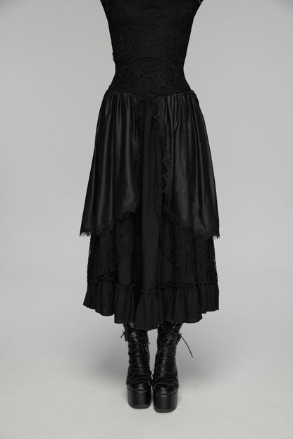 Black High Waisted Multi-Layered Floral Embroidered Lace Pleated Women's Gothic Elegant Cosplay Skirt