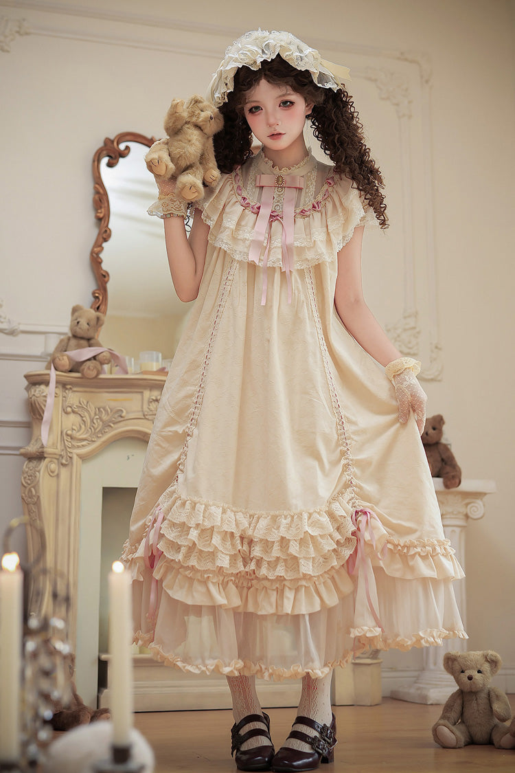 Apricot [Lily's Dream] Stand Collar Short Sleeves Loose-Fit Doll-Like Multi-Layered Ruffled Bow Lace Sweet Lolita Dress 2 Versions