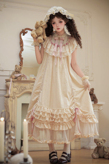 Apricot [Lily's Dream] Stand Collar Short Sleeves Loose-Fit Doll-Like Multi-Layered Ruffled Bow Lace Sweet Lolita Dress 2 Versions