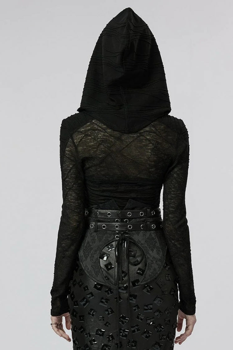 Black Hollow Stretch-Knit Stitching Detachable Hooded Stripe Buckles Womens Steampunk Jacket