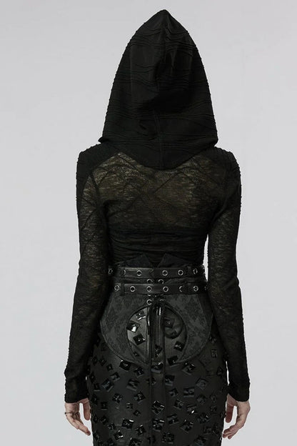 Black Hollow Stretch-Knit Stitching Detachable Hooded Stripe Buckles Womens Steampunk Jacket