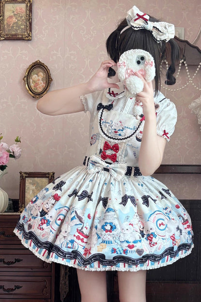 Beige [Mystery Rabbit Tea Party] Sleeveless Print Bowknot Lace Sweet Lolita Strap Dress