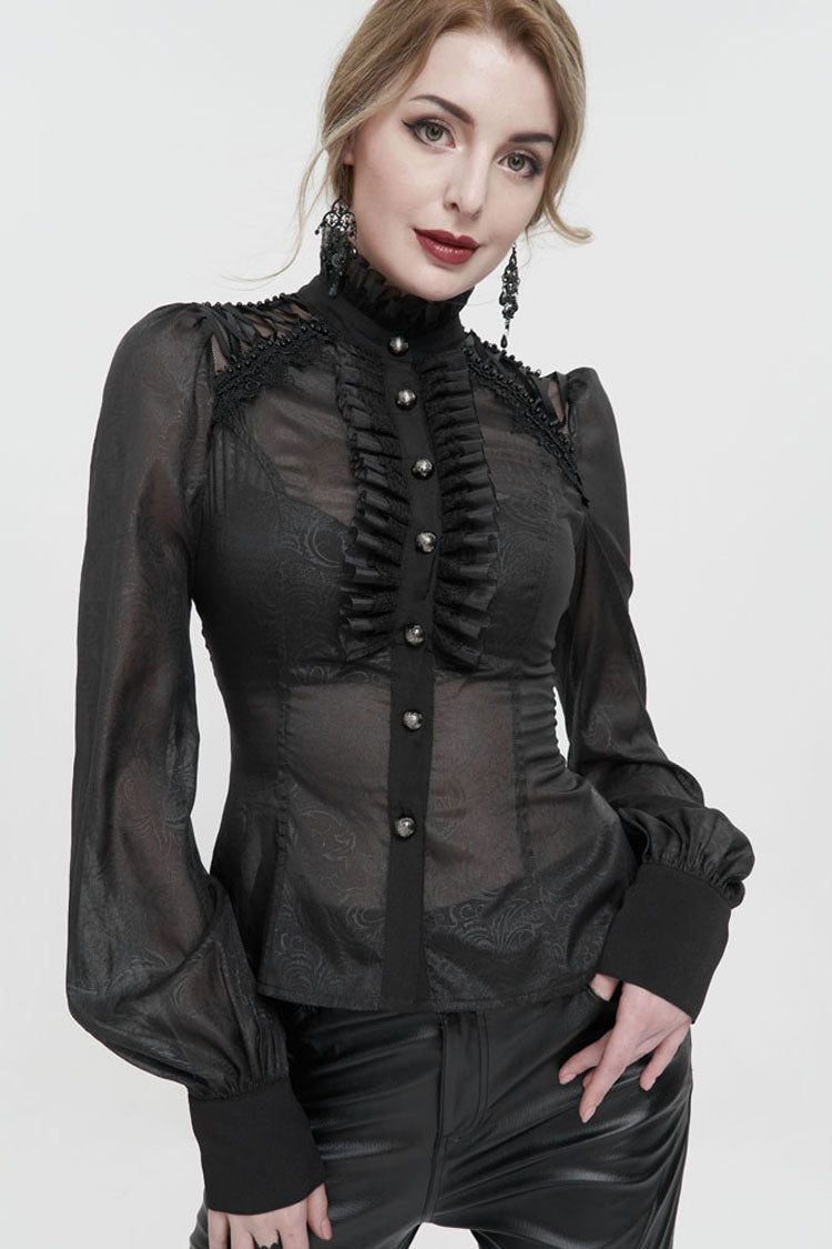 Black Long Sleeve Ruffles On Chest Shoulder Back Tie Detail See-Through Pattern Material Stand Collar Women's Gothic Shirt