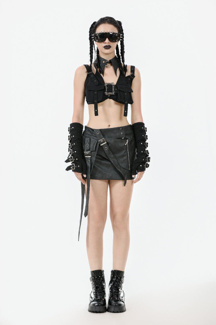 Black Halterneck Buckled Women's Punk Utility Vest