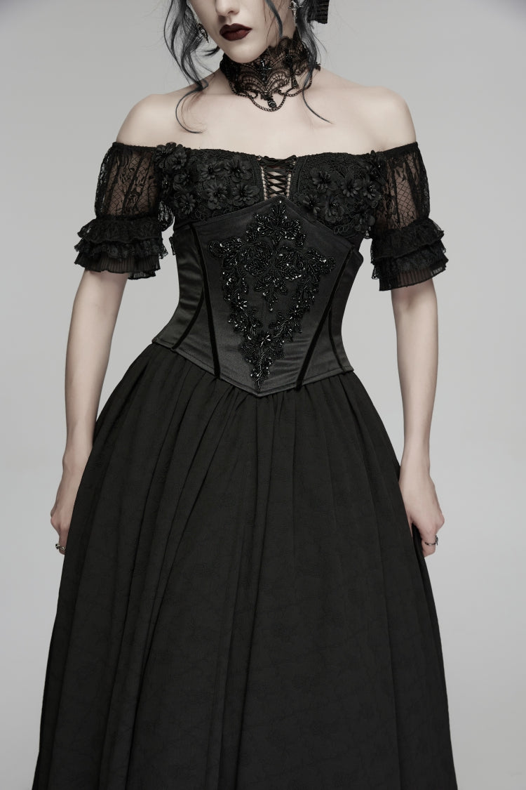 Black Lace-Up Slim Zippered Women's Gothic Beaded Embroidered Underbust Corset