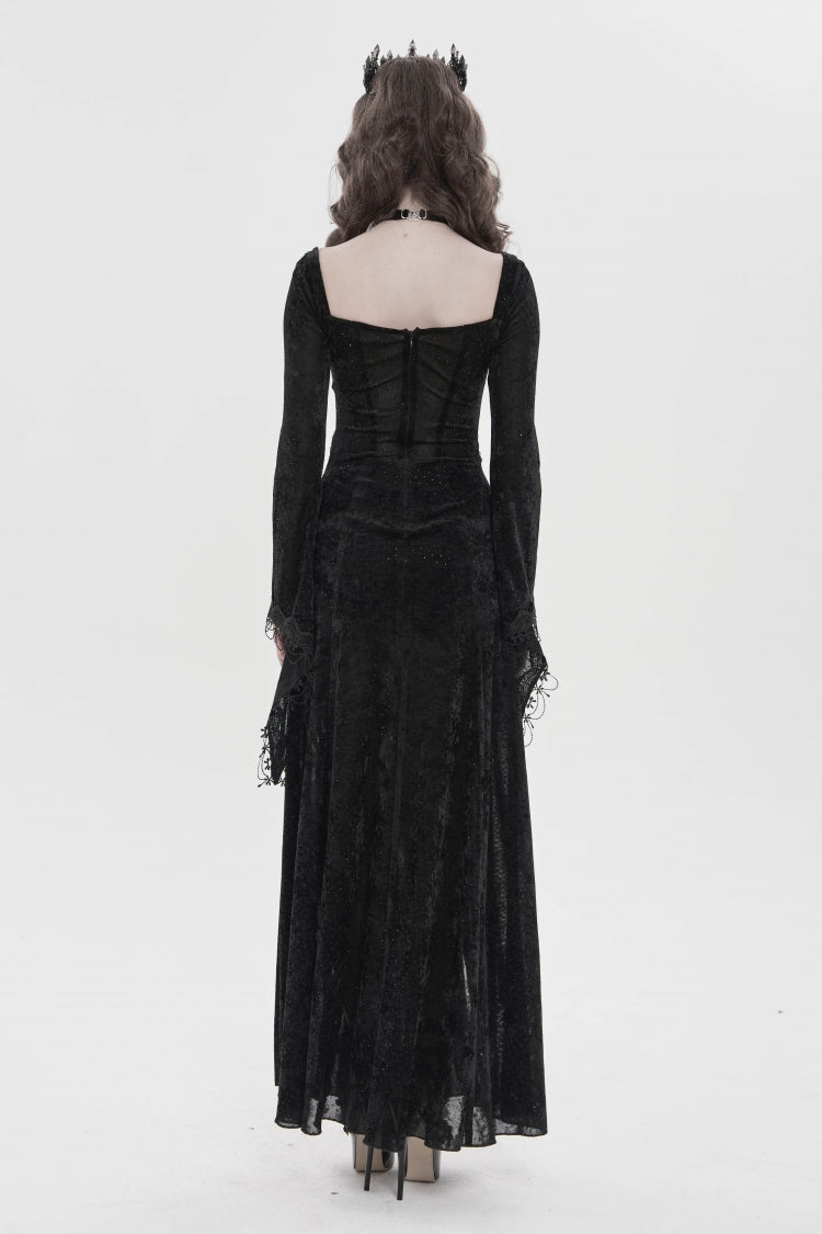 Black Halterneck Long Trumpet Sleeves Hanayome Lace Lace-Up Slim Chain-Decorated Women's Gothic Dress Plunging Split Maxi Dress