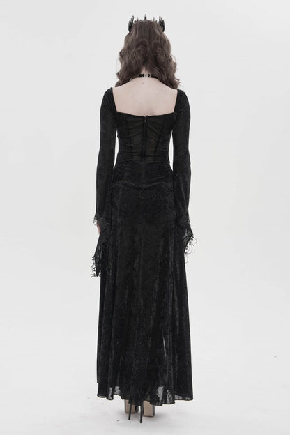 Black Halterneck Long Trumpet Sleeves Hanayome Lace Lace-Up Slim Chain-Decorated Women's Gothic Dress Plunging Split Maxi Dress