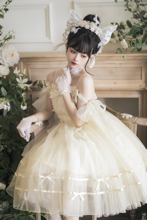 Beige Small Ballet High Waisted Bowknot Chiffon Short Version Sweet Lolita JSK Dress