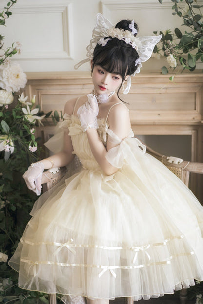 Beige Small Ballet High Waisted Bowknot Chiffon Short Version Sweet Lolita JSK Dress
