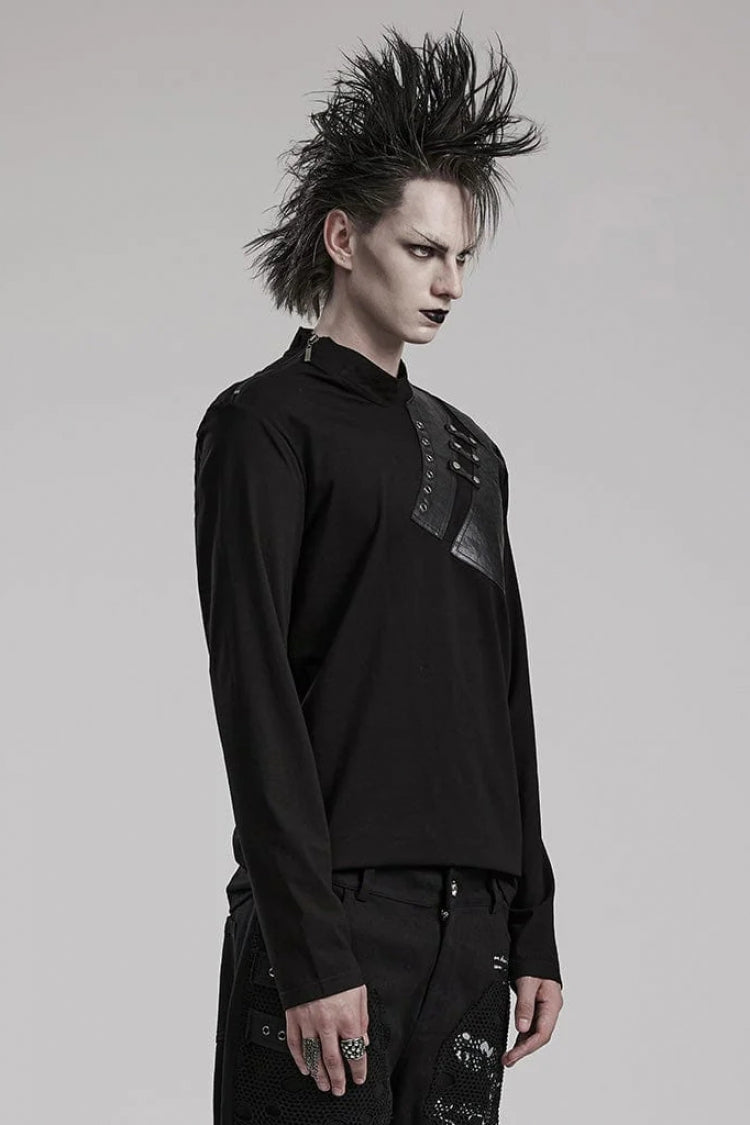 Black Long Sleeves Faux Leather Stitching Mens Steampunk Blouse