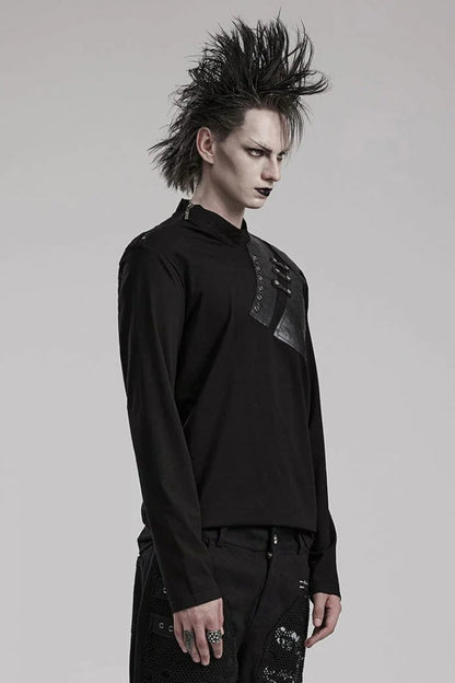 Black Long Sleeves Faux Leather Stitching Mens Steampunk Blouse