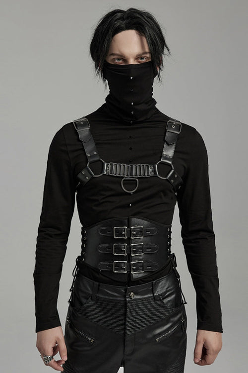 Black Lace-Up Double-buckle Men's Punk Girdle