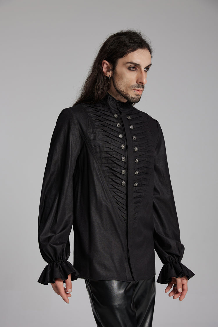 Black Long Sleeves Ruffle Beast Buckle Men's Gothic Blouse