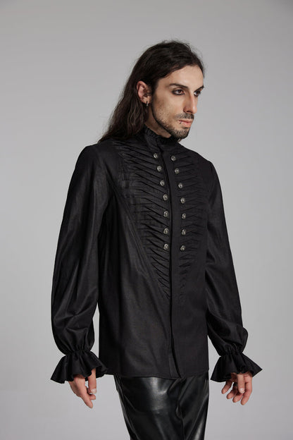 Black Long Sleeves Ruffle Beast Buckle Men's Gothic Blouse