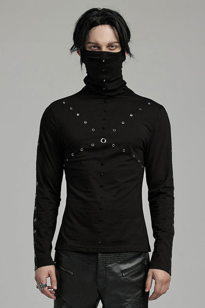 Black Long Sleeves Rivet Mesh Men's Punk Blouse with Undetachable Mask
