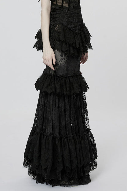 Black Multi-layer Print Ruffle Stitching Lace Sheer Women's Gothic Gorgeous Skirt