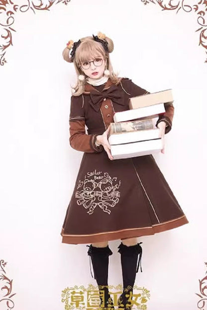Bear Print Embroidery Long Sleeves Bowknot Sweet Lolita Woolen Coat 2 Colors
