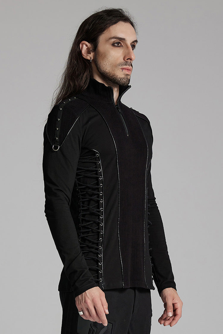 Black Long Sleeves Rivet Zipper Drawstring Men's Punk Blouse