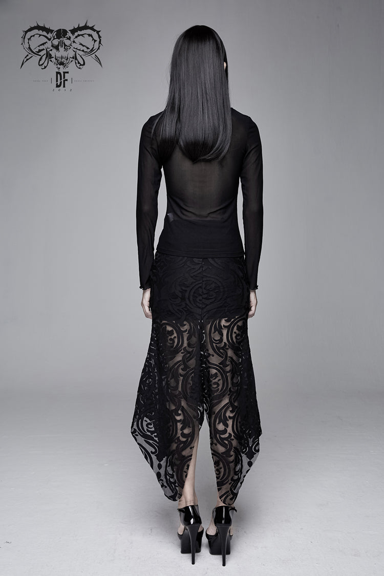 Black Flower Pattern False Girdle Mesh Long Sleeve Women's Gothic T-Shirt