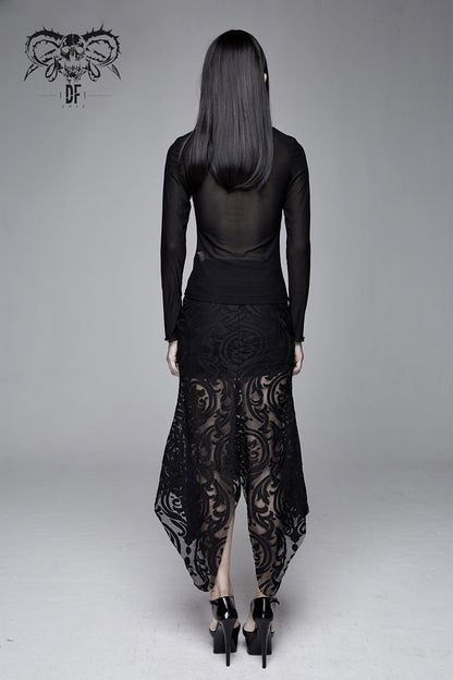 Black Flower Pattern False Girdle Mesh Long Sleeve Women's Gothic T-Shirt