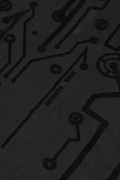 Black Circuit Diagram Flocking Printed Flared Sleeve Womens Gothic Dress