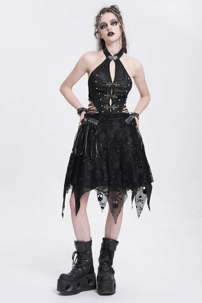 Black Halterneck Sleeveless Skull Print Irregular Women's Punk Dress