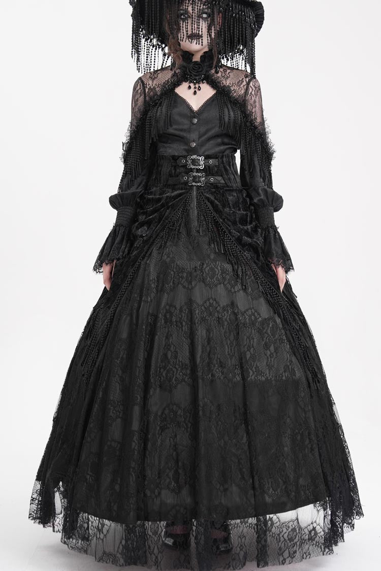 Black Print Embroidery Tassels Buckle-up Lace-Up Women's Gothic Long Skirt