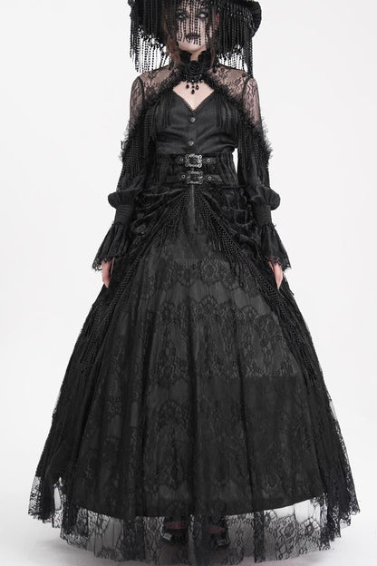 Black Print Embroidery Tassels Buckle-up Lace-Up Women's Gothic Long Skirt