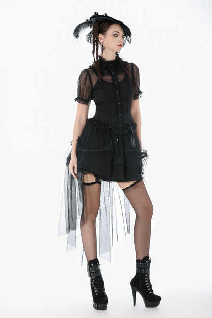 Black Multi-Layered Ruffled Lace Short Puff Sleeves Sheer Women's Courtly Gothic Blouse