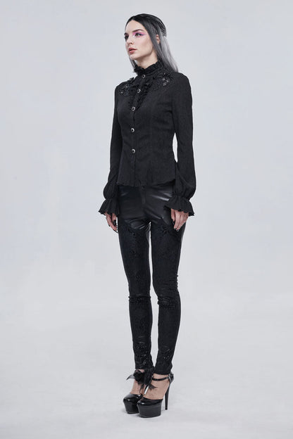 Black Lace High Neck Three Dimensional Embroidered Lantern Trumpet Sleeves Women's Gothic Shirt