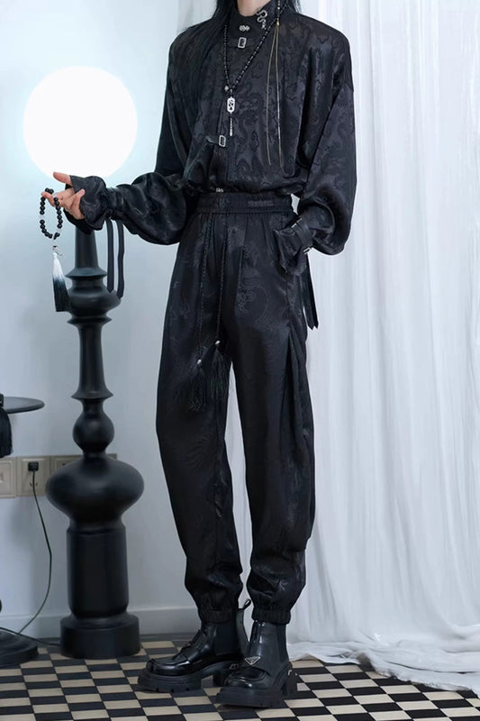 Black Dragon-Pattern Jacquard Printed Ouji Gothic Chinese Style Handsome Lolita Tassel Pants