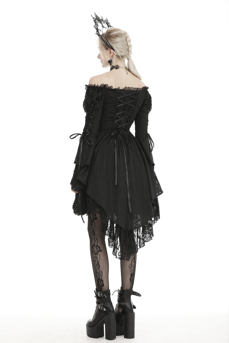 Black Off Shoulder Long Trumpet Puff Sleeves Lace-Up Strappy Mesh Women's Gothic Cocktail Dress