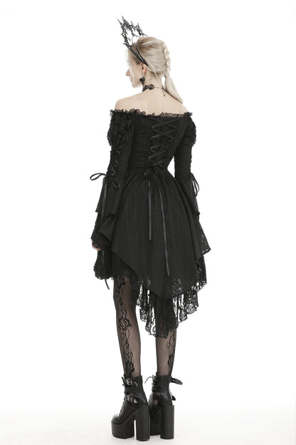 Black Off Shoulder Long Trumpet Puff Sleeves Lace-Up Strappy Mesh Women's Gothic Cocktail Dress