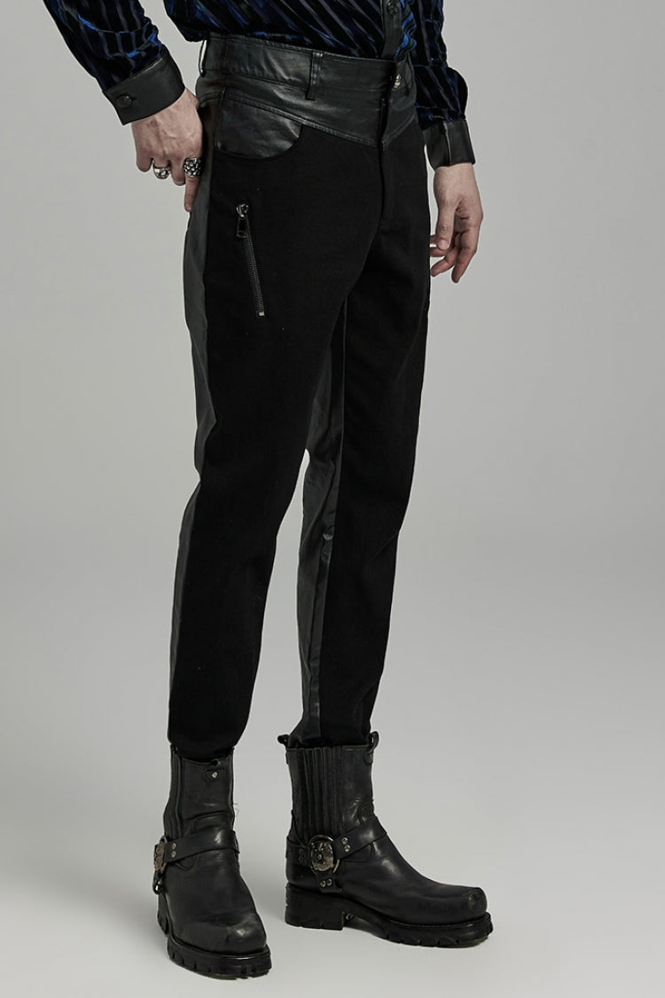 Black Faux Leather Stitching Zipper Men's Punk Pants