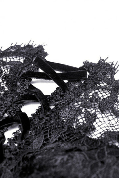 Black Long Puff Sleeves Spliced Lace Lace-Up Women's Gothic Vintage Velvet Wedding Dress