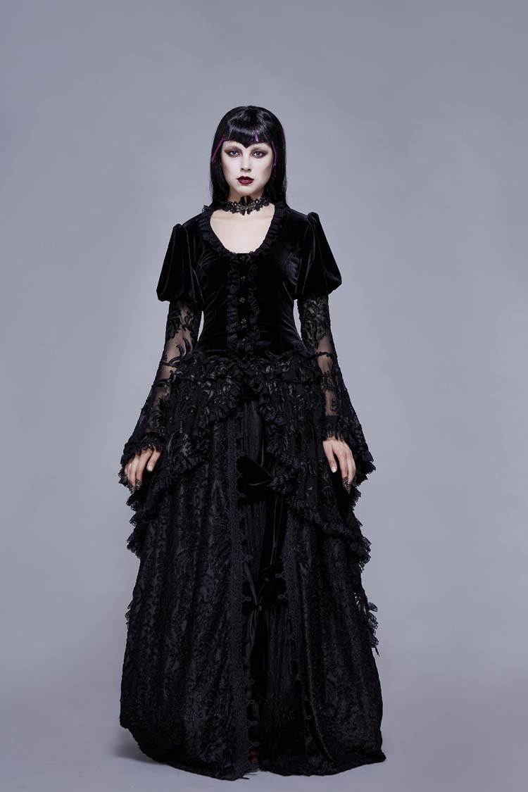 Black Metal Buckle Collar Front Chest Hollow-Out Flare Sleeve Lace Cuff Dress Hem Women's Gothic Coat