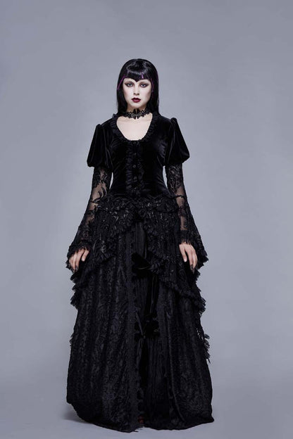 Black Metal Buckle Collar Front Chest Hollow-Out Flare Sleeve Lace Cuff Dress Hem Women's Gothic Coat