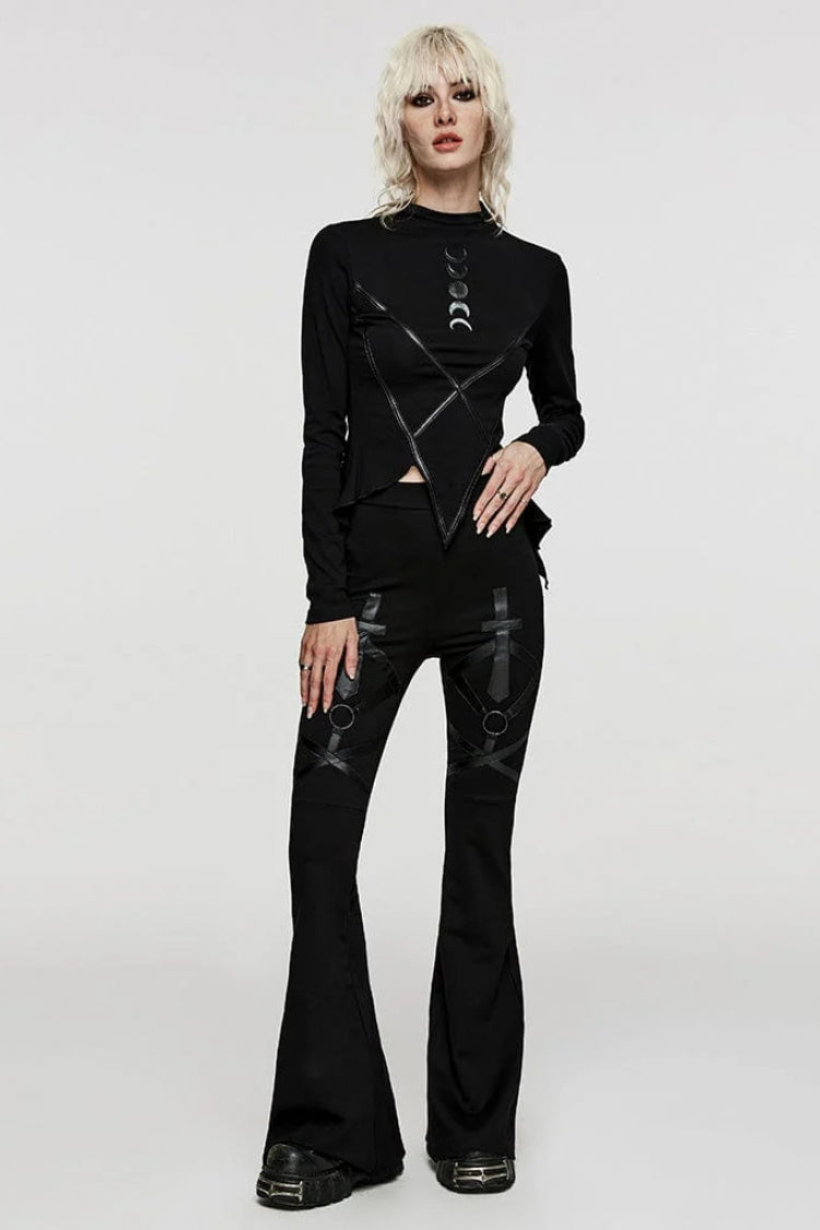 Black Long Sleeves Moon Print Leather Stitching Irregular Womens Steampunk T-Shirt