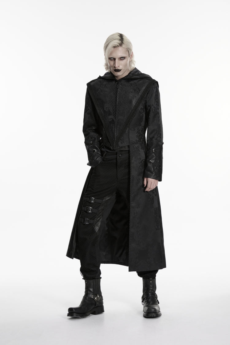 Black Long Sleeves Jacquard Embroidered Spliced Lace Hooded Color-Blocked Men's Punk Cool Coat