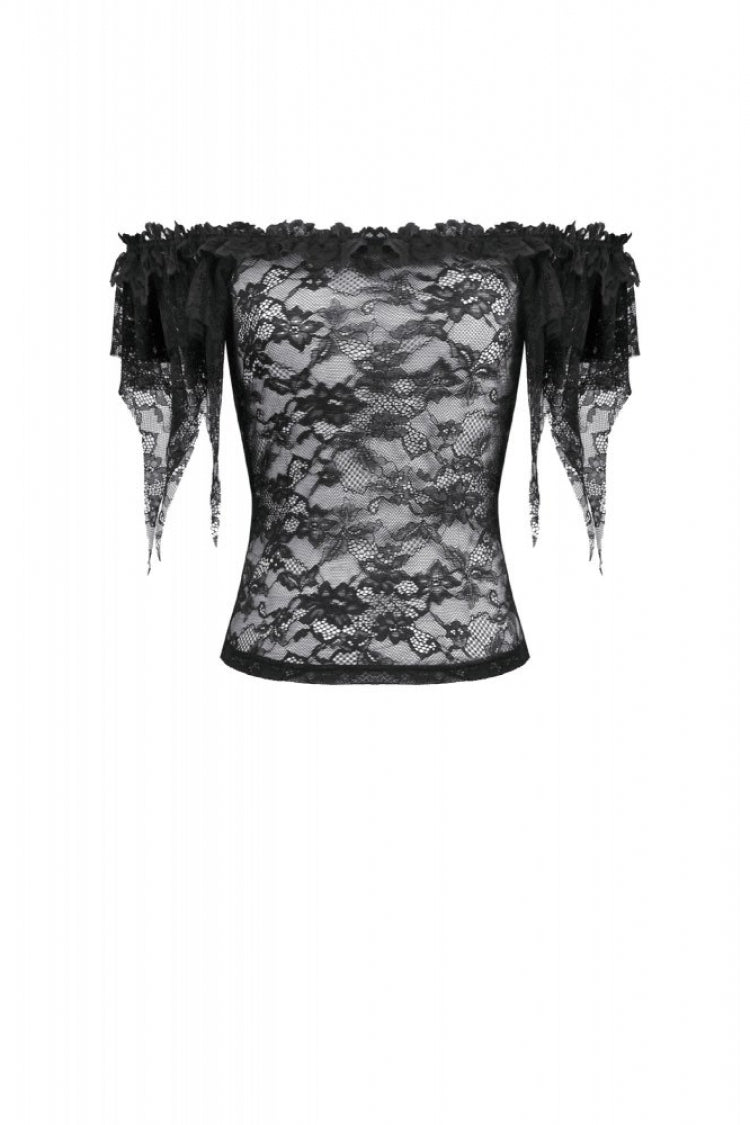 Black Off Shoulder Floral Sheer Lace Women's Gothic Top