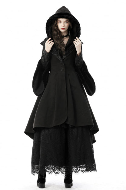 Black Lapel Collar Long Sleeves Women's Gothic High Low Woolen Dovetail Coat with Hood