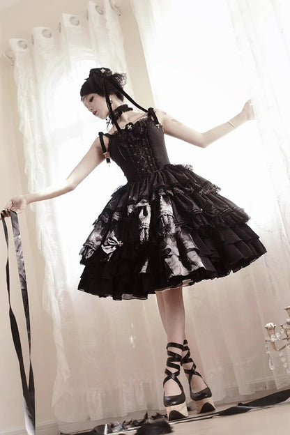 Black Double-Layered Ruffle Lace Gothic Ballet Lolita Jsk Dress