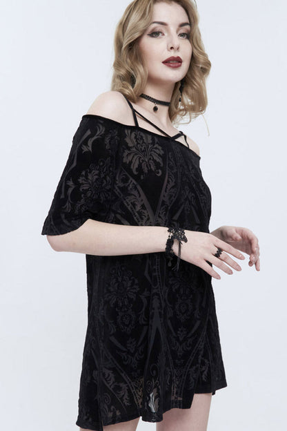 Black Print Front Long Back Side Slit Off The Shoulder Women's Punk Dress