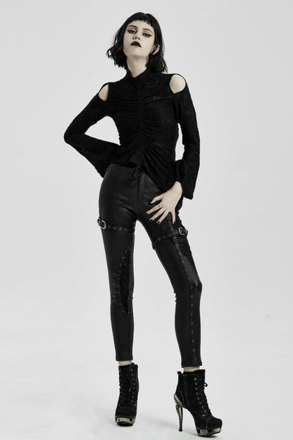 Black High Collar Long Trumpet Sleeves Hollow Lace-Up Women's Gothic T-Shirt
