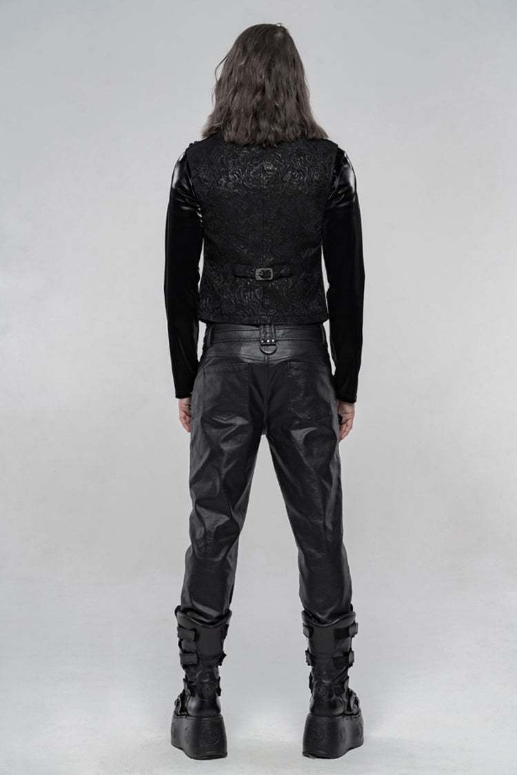 Black Jacquard Velvet Splice Weft Stand Up Collar Front Chest Breasted Decoration Men's Gothic Vest