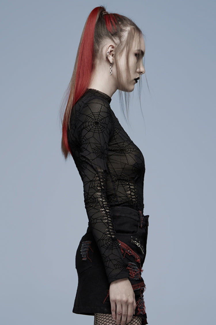 Black Long Sleeves Spider Web Print Hollow Mesh Women's Punk T-Shirt