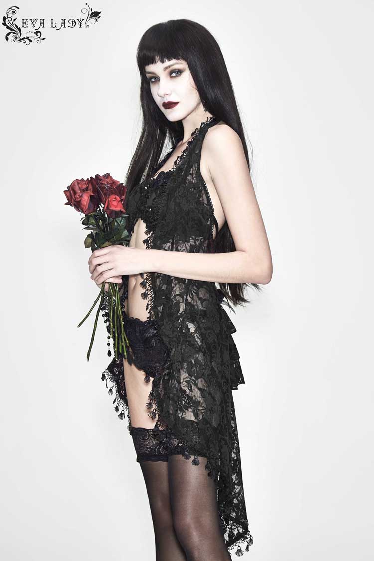 Black Frilly Tassel Hem Halter Lace Women's Gothic T-Shirt