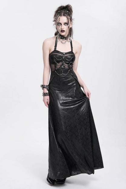 Black Halterneck Stitching Mesh Chained Women's Punk Dress